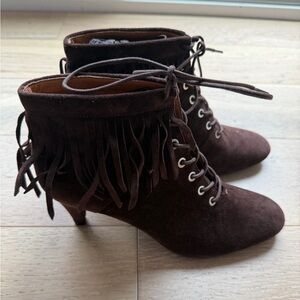 Maje Brown Suede Fringe Ankle Boots Lace Up Kitten Heel EU 39 / US 8.5